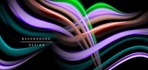 Abstract silk smooth lines on black, multicolored liquid fluid rainbow style waves on black