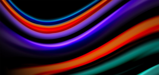 Abstract silk smooth lines on black, multicolored liquid fluid rainbow style waves on black