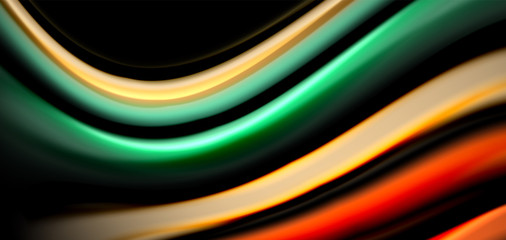 Abstract silk smooth lines on black, multicolored liquid fluid rainbow style waves on black