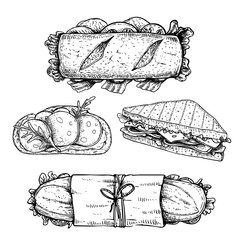 Hand drawn sketch sandwiches set.  Submarine, ciabatta, sandwiches with lettuce leaves, salami, cheese, bacon, ham and veggies. Top and perspective view. Fast food restaurant menu.  - obrazy, fototapety, plakaty