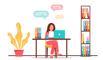 Standard workflow. Young woman works on laptop in the office at the workplace. Female character sits at a table in the office. Work on the PC. Vector illustration in a flat cartoon style.