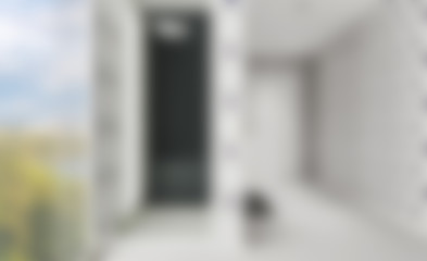 Large bathroom with white furniture. Jacuzzi close-up. Shower with glass door. Chrome parts. 3D rendering. Unfocused, Blur phototography