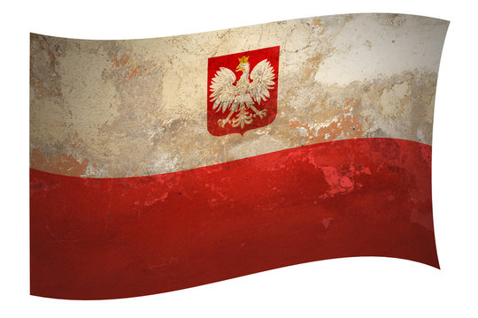 Polish vintage old flag with wall concret texture. Symbol of Poland.