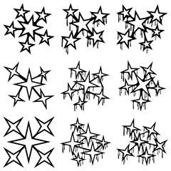 A set of nine illustrations of various frames made of geometric shapes. A set of five-beam and four-beam stars and drips with smudges.