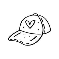 Cap, hat with heart, clothes doodle hand drawn vector illustration, sticker, icon, design element. Black monochrome design. Isolated on white background. Easy to change color. Feminism symbol.  