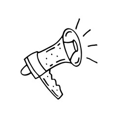 Speaking trumpet loud-hailer  doodle speaker hand drawn vector illustration, sticker, icon, design element. Black monochrome design. Isolated on white background. Easy to change color. Feminism speech
