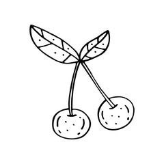 Cherry fruit cartoon doodle hand drawn vector illustration, sticker, icon, design element. Black monochrome design. Isolated on white background. Easy to change color. Feminism element. Healthy eating