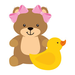 cute duck rubber with teddy bear female vector illustration design