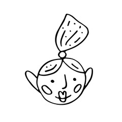 Woman, girl face with smile cartoon doodle hand drawn vector illustration, sticker, icon, design element. Black monochrome design. Isolated on white background. Easy to change color. Feminism symbol. 