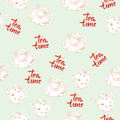 Tea time, seamless pattern of cup and kettle of black tea
