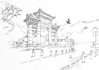 Hand drawn sketch of Entrance Gate to the Po Lin Monastery, Hong Kong. Text in traditional chinese, reads: Po Lin Monastery, which means Buddhist Monastery or Temple of the Treasure of the Lotus. 