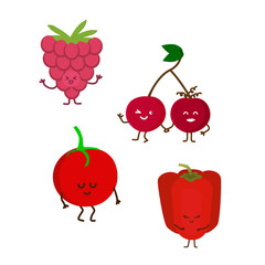 Colored kawaii fruits. Funny hand drawn faces, smiling and shy.