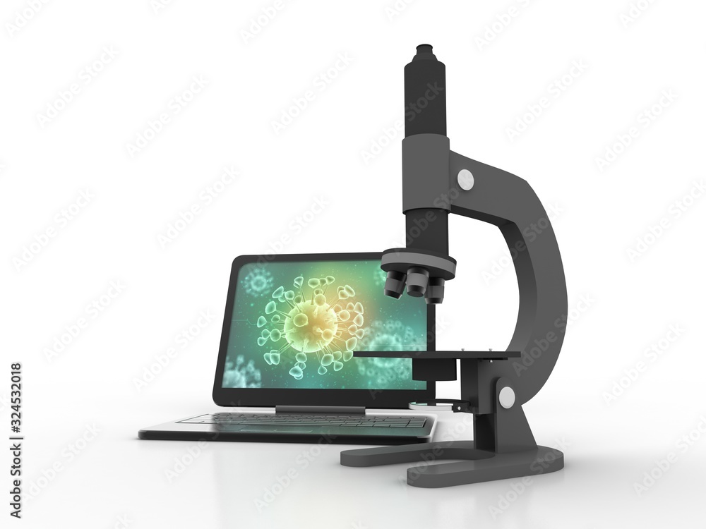 Poster 3d rendering watching virus on microscope