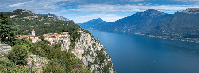 Very large panoramic view of Garga Lake. View from Terrazza del Brivido viewpoint. Italy