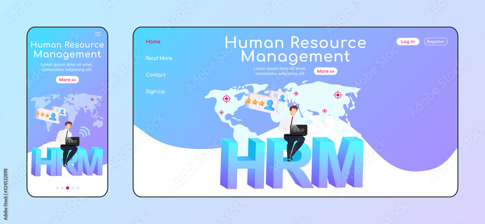 Poster human resource management adaptive landing page flat color vector template. smiling man keeps laptop