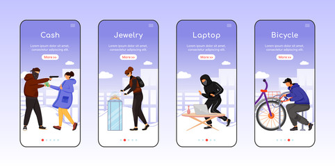 Property theft onboarding mobile app screen flat vector template. Cash, jewelry. Laptop, bicycle. Walkthrough website steps with characters. UX, UI, GUI smartphone cartoon interface, case prints set