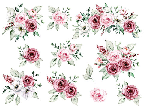 Set watercolor flowers hand drawing, floral vintage bouquets with pink and white roses. Decoration for poster, greeting card, birthday, wedding design. Isolated on white background.