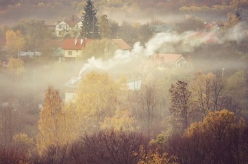 Fog over cottages in the autumn forest