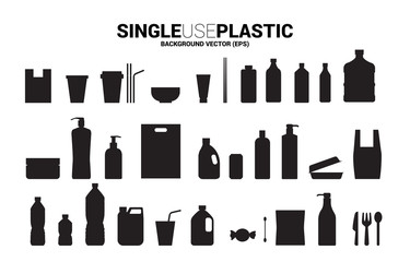 Single use plastic icon. Silhouette of plastic Bottle, bag , cup, blow, spoon, fork, knife.