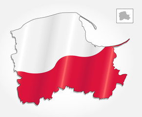 Fototapeta premium Map of Poland voivodeship Pomeranian combined with waving Polish national flag. Silhouette or borders for geographic themes - Vector