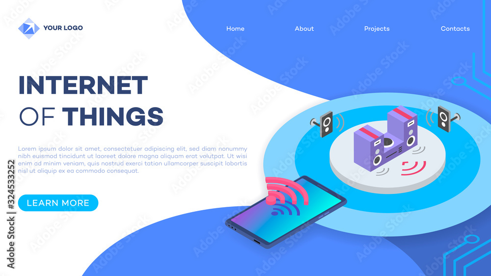 Poster smart home stereo system landing page vector template with isometric illustration. loudspeakers, mus