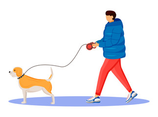 Man in coat flat color vector faceless character. Walking with dog caucasian guy. Rainy day. Wet weather. Stylish male in sneakers isolated cartoon illustration on white background