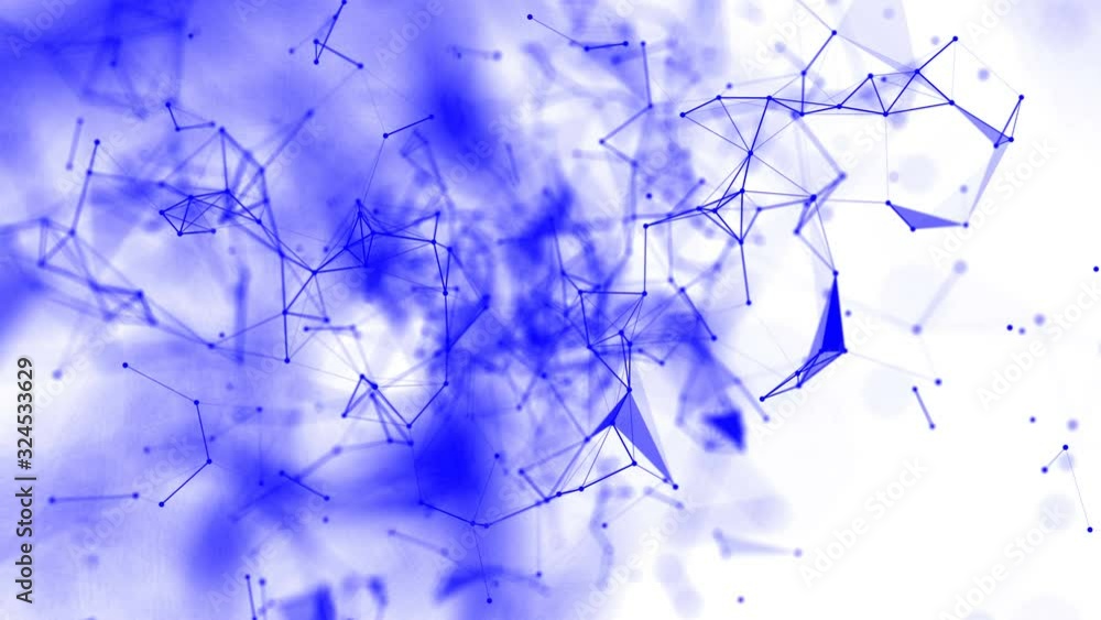 Poster blue particles fly slowly on a white background connect and disconnect. abstract animation. 3d rende