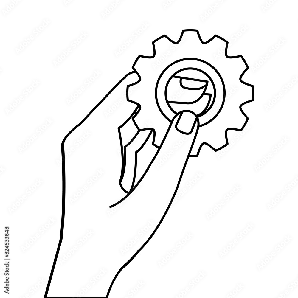 Sticker hand with gear line style icon vector illustration design