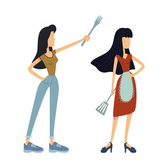 Housewives with kitchen utensils flat cartoon vector illustrations kit. Women holding cooking spatula. Ready to use 2d comic character set templates for commercial, animation, printing