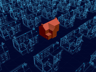 Background with wireframe houses of blue lines and a red house in the middle. View isometric. Vector illustration