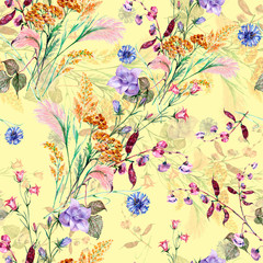 Watercolor floral background with meadow flowers. Seamless pattern.