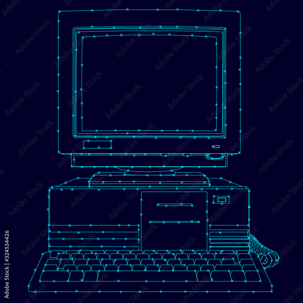 Poster the contour of an old computer from blue lines with luminous lights on a dark background. front view