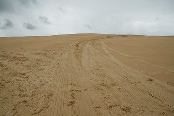 Vehicle left track marks on sand dune at Central Coast, New South Wales, Australia