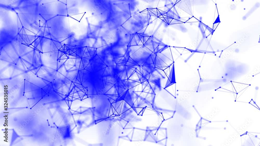 Poster blue particles fly slowly on a white background connect and disconnect. abstract animation. 3d rende