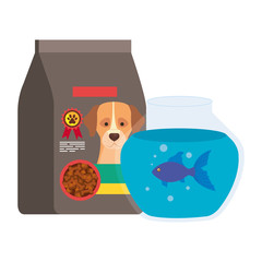 food for dog in bag and round glass fish bowl vector illustration design