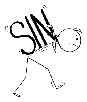 Vector cartoon stick figure drawing conceptual illustration of man or sinner carrying his heavy sin on back.