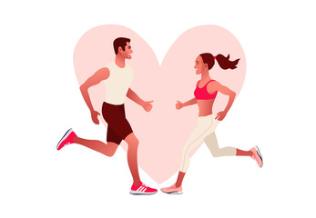 Fototapeta na wymiar Happy couple running. Heart sign. Man and woman in love on morning jogging. Active and healthy lifestyle. Vector illustration style
