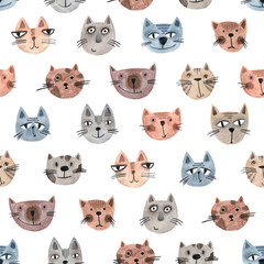 Muzzle of cats seamless pattern. Cute baby funny illustration. Print for textile, packaging, wallpaper. Handmade.