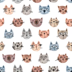Gordijnen Snuit van katten naadloos patroon. Schattige baby grappige illustratie. Afdrukken voor textiel, verpakking, behang. Handgemaakt. © flovie
