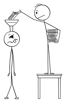 Vector cartoon stick figure drawing conceptual illustration of man putting books in to head or brain of ignorant or uneducated person.Concept of education.