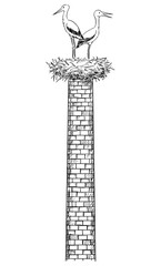 Vector cartoon drawing conceptual illustration of pair of white storks bird standing in nest on old factory smokestack or chimney.