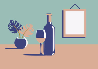 Elegant bottle of wine with a wine glass and a picture on the wall with copy space in minimal art deco style