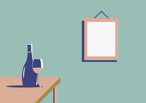 Elegant bottle of wine with a wine glass and a picture on the wall with copy space in minimal art deco style
