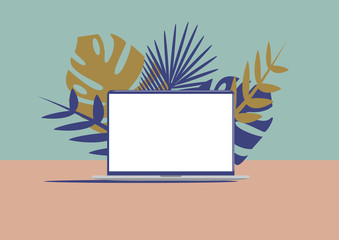Vector illustration of mockup of modern laptop with a blank screen with copy space and gold and blue leaves in art deco style