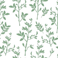 Tree twig with leaves background. Print for textile. The drawn branches with leaves. Design pattern seamless.
