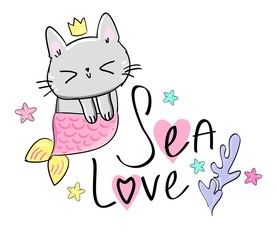 Kitten mermaid. Hand drawn fantasy cute cat. Vector illustration. Print design for baby t-shirt. Princess cat.