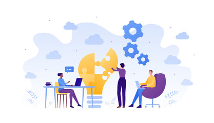 Business teamwork success concept. Vector flat people illustration. Male and female sitting with laptop and woman placing piece of puzzle. Design element for banner, poster, background.