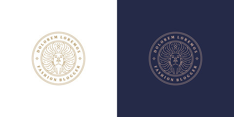 Beautiful female line face with fluttering hairs vector logo emblem design template illustration