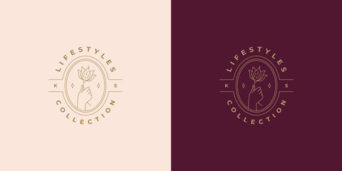 Beautiful female hand line holding blooming flower vector logo emblem design template illustration minimal linear style