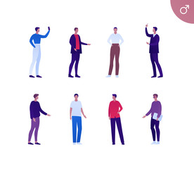 Business male hispanic ethnic people set. Vector flat person illustration. Group of dark skin corporate men in different cloth and poses. Design element for banner, poster, background, sketch, art